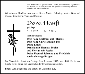 Traueranzeige von Dora Hanft von Südthüringer Presse