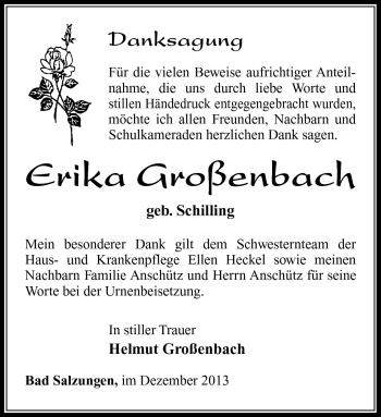 Traueranzeige von Erika Großenbach von Südthüringer Presse
