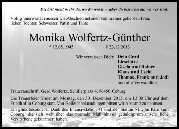 Traueranzeige von Monika Wolfertz-Günther von Neue Presse Coburg