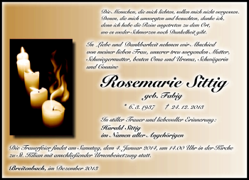 Traueranzeige von Rosemarie Sittig von Südthüringer Presse