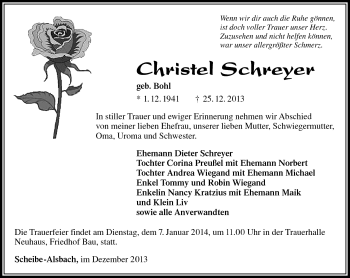 Traueranzeige von Christel Schreyer von Südthüringer Presse
