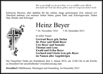 Traueranzeige von Heinz Beyer von Südthüringer Presse