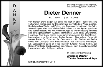 Traueranzeige von Dieter Denner von Südthüringer Presse