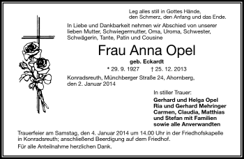 Traueranzeige von Anna Opel von Frankenpost