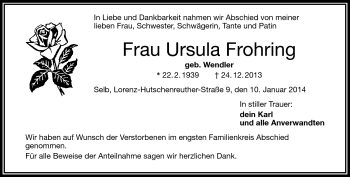 Traueranzeige von Ursula Frohring von Frankenpost