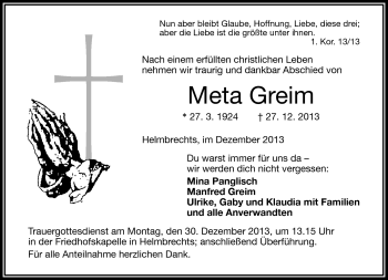 Traueranzeige von Meta Greim von Frankenpost