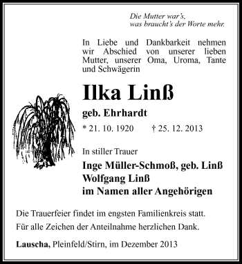 Traueranzeige von Ilka Linß von Südthüringer Presse