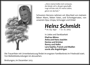 Traueranzeige von Heinz Schmidt von Südthüringer Presse