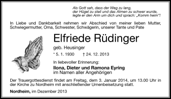 Traueranzeige von Elfriede Rüdinger von Südthüringer Presse