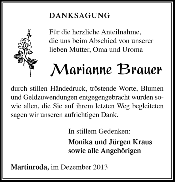 Traueranzeige von Marianne Brauer von Südthüringer Presse
