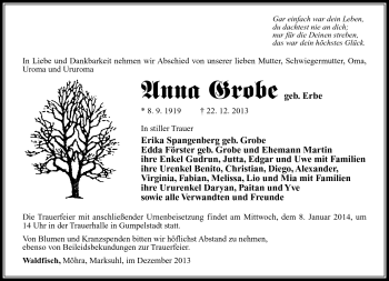 Traueranzeige von Anna Grobe von Südthüringer Presse