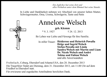 Traueranzeige von Annelore Welsch von Neue Presse Coburg