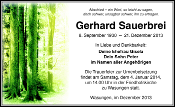 Traueranzeige von Gerhard Sauerbrei von Südthüringer Presse