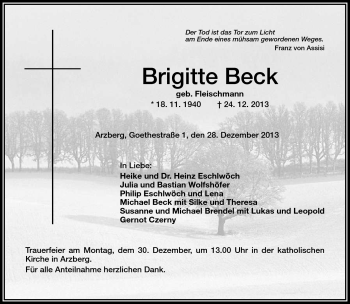Traueranzeige von Brigitte Beck von Frankenpost