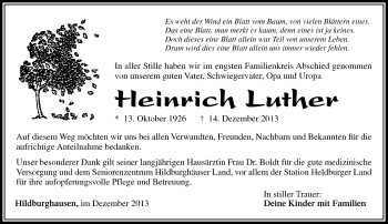 Traueranzeige von Heinrich Luther von Südthüringer Presse
