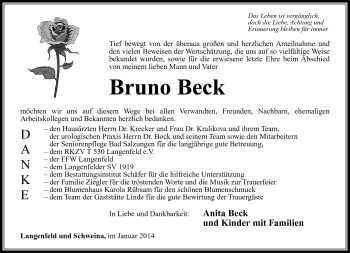 Traueranzeige von Bruno Beck von Südthüringer Presse