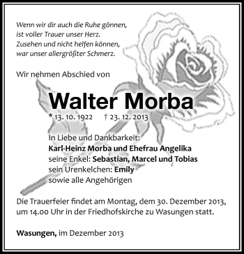 Traueranzeige von Walter Morba von Südthüringer Presse