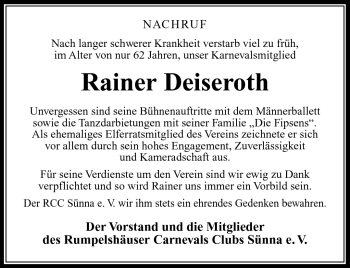 Traueranzeige von Rainer Deiseroth von Südthüringer Presse