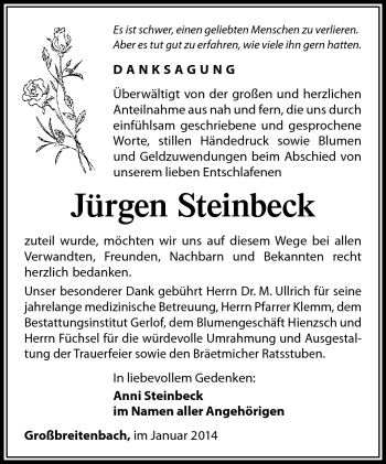 Traueranzeige von Jürgen Steinbeck von Südthüringer Presse