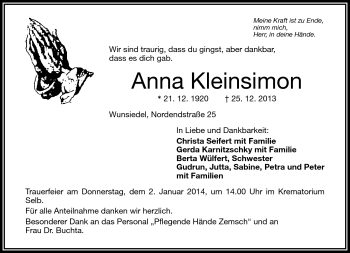 Traueranzeige von Anna Kleinsimon von Frankenpost