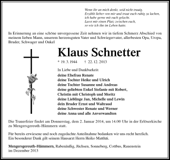 Traueranzeige von Klaus Schnetter von Südthüringer Presse