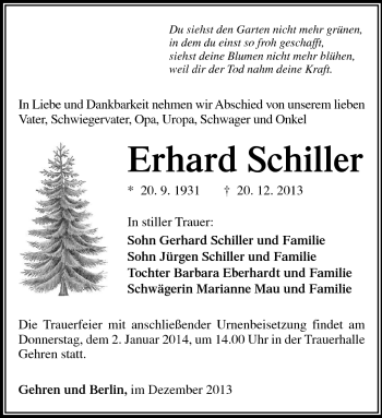 Traueranzeige von Erhard Schiller von Südthüringer Presse
