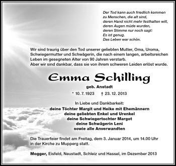 Traueranzeige von Emma Schilling von Südthüringer Presse
