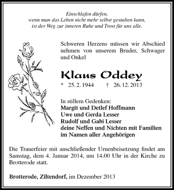 Traueranzeige von Klaus Oddey von Südthüringer Presse