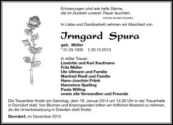 Traueranzeige von Irmgard Spura von Südthüringer Presse