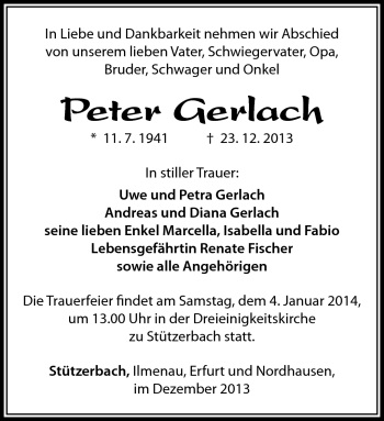 Traueranzeige von Peter Gerlach von Südthüringer Presse