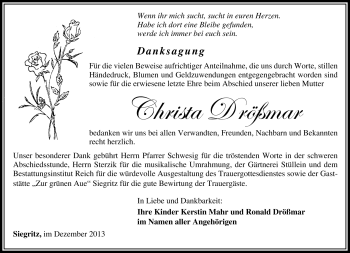 Traueranzeige von Christa Drößmar von Südthüringer Presse