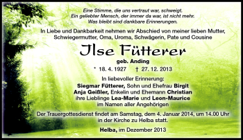 Traueranzeige von Ilse Fütterer von Südthüringer Presse