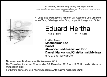 Traueranzeige von Eduard Hertha von Neue Presse Coburg