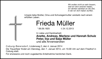 Traueranzeige von Frieda Müller von Neue Presse Coburg