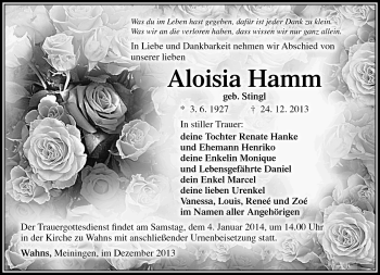 Traueranzeige von Aloisia Hamm von Südthüringer Presse