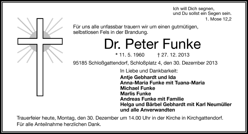  Traueranzeige für Peter Funke vom 30.12.2013 aus Frankenpost