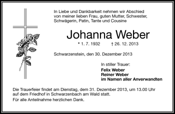 Traueranzeige von Johanna Weber von Frankenpost