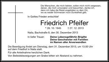 Traueranzeige von Friedrich Pfeifer von Frankenpost