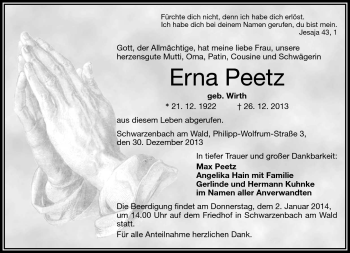 Traueranzeige von Erna Peetz von Frankenpost