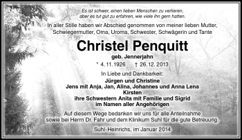 Traueranzeige von Christel Penquitt von Südthüringer Presse