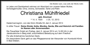 Traueranzeige von Christiana Mühlfriedel von Frankenpost