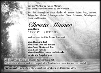 Traueranzeige von Christa Minner von Südthüringer Presse