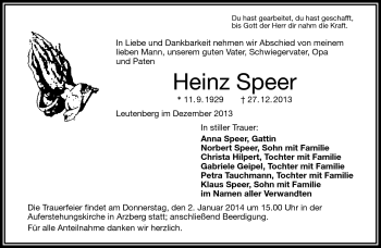Traueranzeige von Heinz Speer von Frankenpost