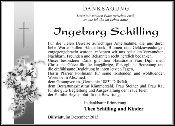 Traueranzeige von Ingeburg Schilling von Südthüringer Presse