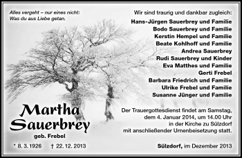Traueranzeige von Martha Sauerbrey von Südthüringer Presse