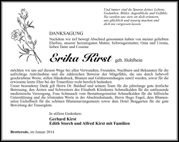 Traueranzeige von Erika Kirst von Südthüringer Presse