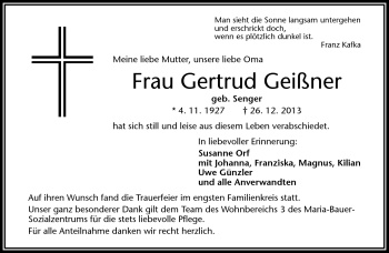 Traueranzeige von Gertrud Geißner von Frankenpost