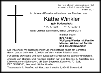 Traueranzeige von Käthe Winkler von Frankenpost