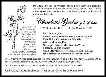 Traueranzeige von Charlotte Gerber von Südthüringer Presse