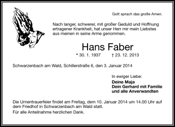 Traueranzeige von Hans Faber von Frankenpost